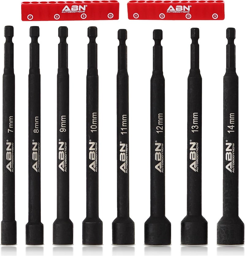 ABN Impact Nut Driver Tool Set - 8pc Metric 6 IN Long Shank Nut Driver Bits Magnetic Tip Sockets, 1/4 IN Hex Shank - Image 1