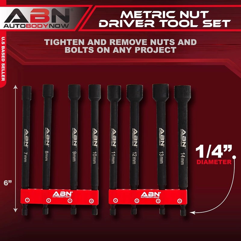 ABN Impact Nut Driver Tool Set - 8pc Metric 6 IN Long Shank Nut Driver Bits Magnetic Tip Sockets, 1/4 IN Hex Shank - Image 2