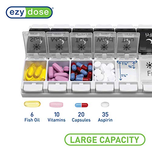EZY DOSE Push Button (7-Day) Pill Case, Medicine Planner, Vitamin Organizer, 2 Times a Day AM/PM, Removable Trays, Large Compartments, Arthritis Friendly, Spring Open Black and White Lids, BPA Free - Image 3