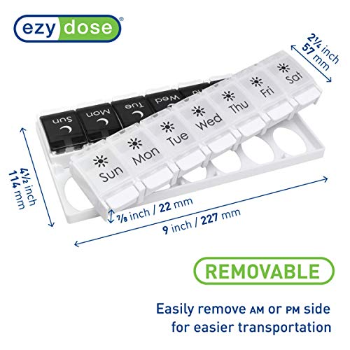 EZY DOSE Push Button (7-Day) Pill Case, Medicine Planner, Vitamin Organizer, 2 Times a Day AM/PM, Removable Trays, Large Compartments, Arthritis Friendly, Spring Open Black and White Lids, BPA Free - Image 2