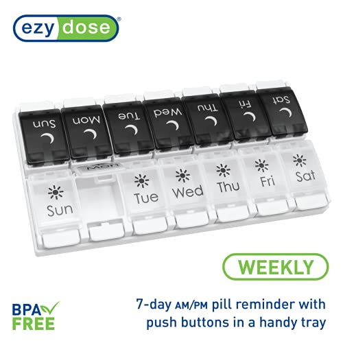 EZY DOSE Push Button (7-Day) Pill Case, Medicine Planner, Vitamin Organizer, 2 Times a Day AM/PM, Removable Trays, Large Compartments, Arthritis Friendly, Spring Open Black and White Lids, BPA Free - Image 5