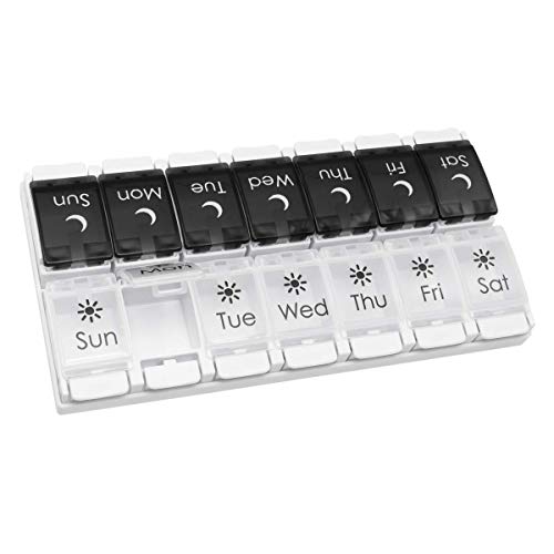 EZY DOSE Push Button (7-Day) Pill Case, Medicine Planner, Vitamin Organizer, 2 Times a Day AM/PM, Removable Trays, Large Compartments, Arthritis Friendly, Spring Open Black and White Lids, BPA Free - Image 1