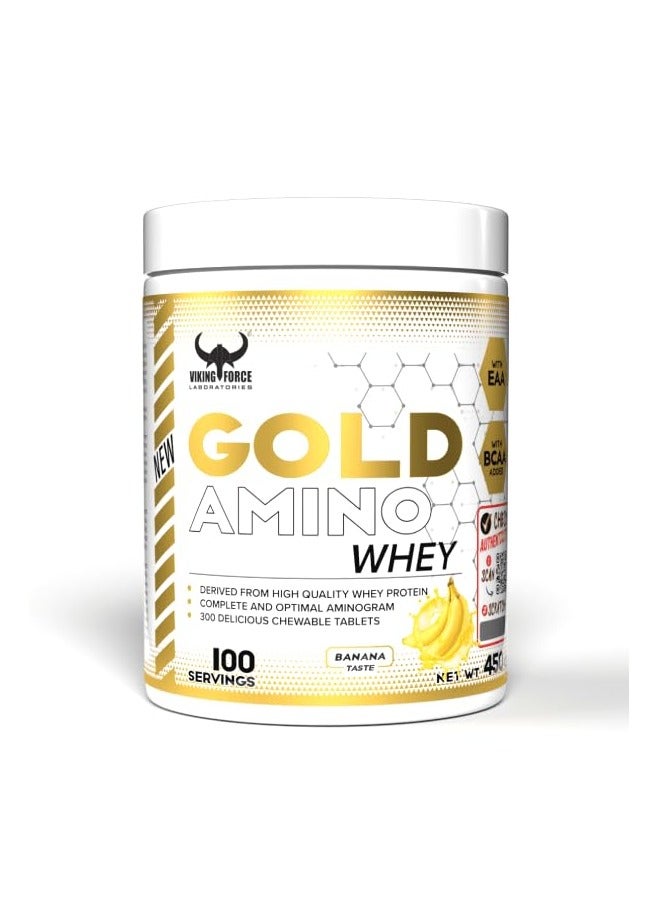VIKING FORCE LABORATORIES GOLD AMINO WHEY - 300 Tablets, Banana Flavor, 450g, Amino Acid, High-Quality Whey Protein - Image 1