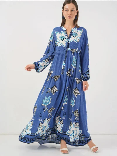 BIG DART BDART Printed V-Neck Maxi Dress with Button Closure