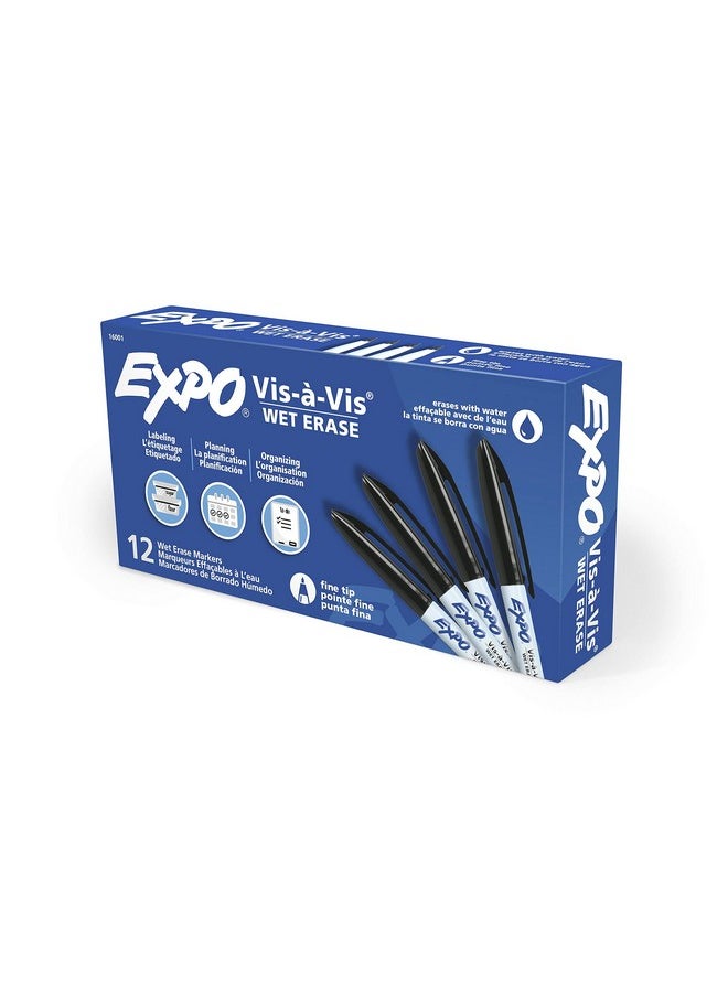 Expo EXPO Visa Vis Wet Erase Markers, Fine Point, Black, 12-Pack, Ideal for Classroom and Homeschool Use  - Image 1