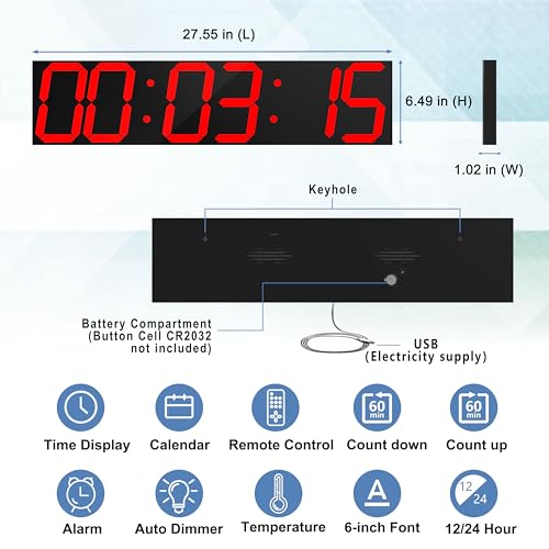 CHKOSDA Digital Wall Clock, Oversize Led Digital Clock Large Display with Auto Dimmer, Huge Countdown Timer with Remote Control, 27" Wide Led Display, 6 Digits, Wall Mount, Date and Temperature (Red) - Image 2