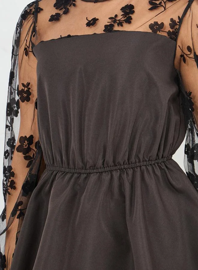 Styli Floral Flocked Mesh Sleeves Peplum Top