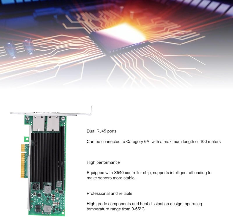 بطاقة شبكة من زونيت بسعة 10 جيجابايت ومزودة بمنفذين RJ45 ومتوافقة مع معيار PCIe، مع وحدة تحكم X540-T2 ومحول شبكة إيثرنت من نوع PCIe 3.0 X8، مناسبة للخوادم وأنظمة VMware ومراكز البيانات. - Image 3