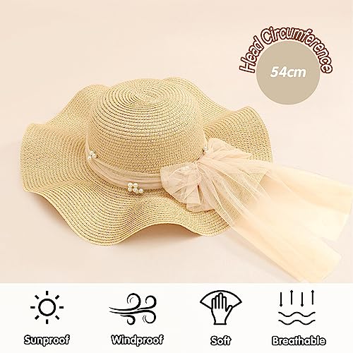 Kunyeah Kids Girl Summer Straw Hat Foldable Wide Brim Cap Sun Visor Hats Sun Protection Beach Straw Hats Bowknot Floppy Cap for Travel Holiday (Beige) - Image 5