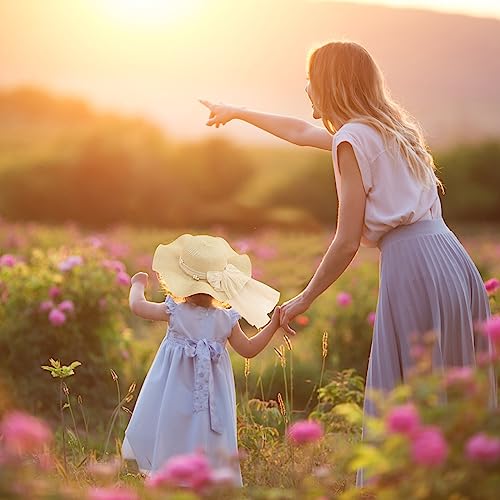 Kunyeah Kids Girl Summer Straw Hat Foldable Wide Brim Cap Sun Visor Hats Sun Protection Beach Straw Hats Bowknot Floppy Cap for Travel Holiday (Beige) - Image 2