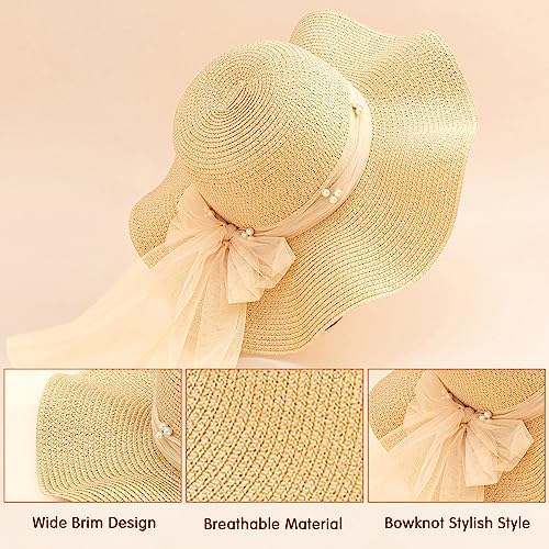 Kunyeah Kids Girl Summer Straw Hat Foldable Wide Brim Cap Sun Visor Hats Sun Protection Beach Straw Hats Bowknot Floppy Cap for Travel Holiday (Beige) - Image 4