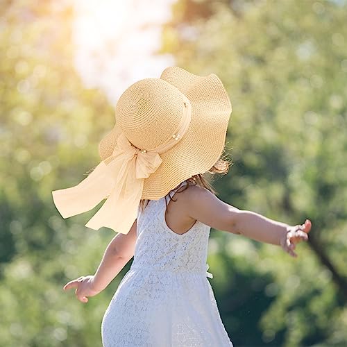 Kunyeah Kids Girl Summer Straw Hat Foldable Wide Brim Cap Sun Visor Hats Sun Protection Beach Straw Hats Bowknot Floppy Cap for Travel Holiday (Beige) - Image 3