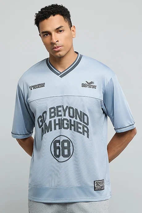 R&B Typography Print Jersey with V-Neck and Short Sleeves