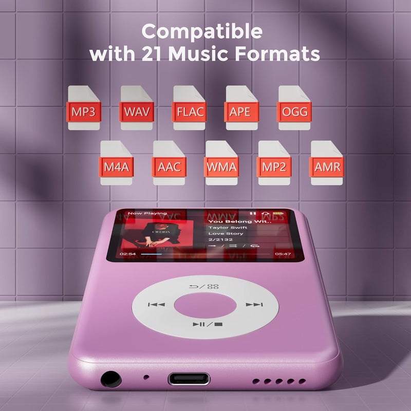 innioasis Mp3 Music Player with Bluetooth 128G Portable Video Digital Music Player Mini HiFi Sound (Purple) - Image 4