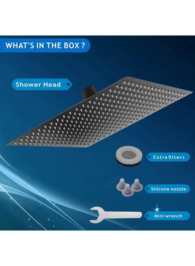 Voolan All Metal Rain Shower Head - High Flow Square Rainfall Showerhead - Waterfall Full Body Coverage - Universal Ceiling or Wall Mount (16 Inch, Black) - Image 4