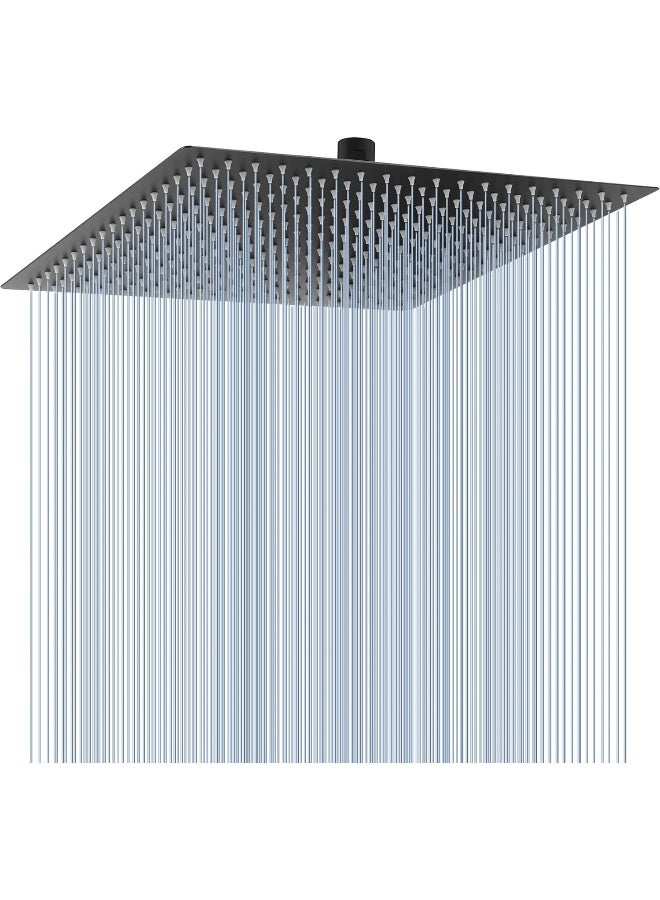 Voolan All Metal Rain Shower Head - High Flow Square Rainfall Showerhead - Waterfall Full Body Coverage - Universal Ceiling or Wall Mount (16 Inch, Black) - Image 1