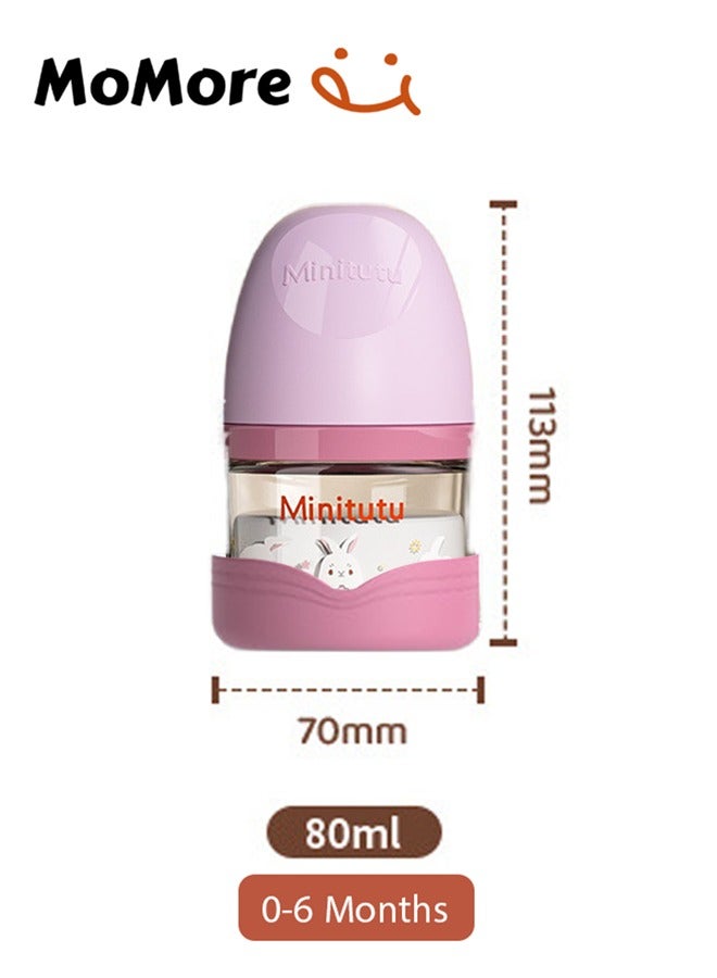 Minitutu Anti-Colic Glass Feeding Bottle With Silicone Anti Drop base Nipples 80 Ml, 0M+, Purple - Image 2