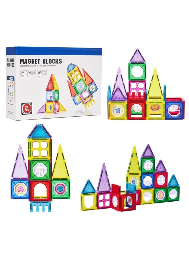 BAYBEE Baybee 34 Pcs 3D Magnetic Tiles Set Toys for Kids toddlers 3+, Building Blocks Construction, Magnitiles, Preschool Sensory Learning Toys, Enlighten Creativity Early Birthday Gifts for Kids Boys Girls  - Image 1