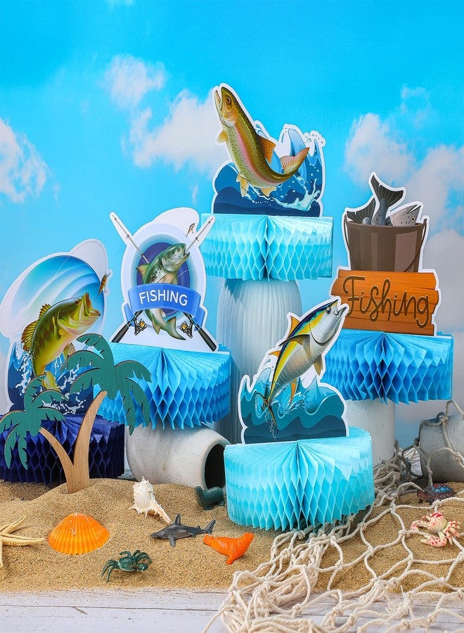 سوريو قطعة مركزية لطاولة الصيد من Sureio مكونة من 9 قطع، زينة لحفلات الصيد، ديكور طاولة على شكل سمكة، لافتات ورقية ثلاثية الأبعاد، سمكة قرص العسل، لوازم حفلات أعياد الميلاد لحفلات استقبال المولود الجديد، موضوع التقاعد، عيد الأب - Image 4