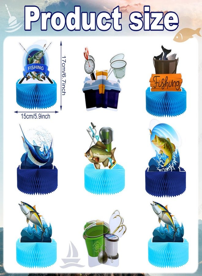 سوريو قطعة مركزية لطاولة الصيد من Sureio مكونة من 9 قطع، زينة لحفلات الصيد، ديكور طاولة على شكل سمكة، لافتات ورقية ثلاثية الأبعاد، سمكة قرص العسل، لوازم حفلات أعياد الميلاد لحفلات استقبال المولود الجديد، موضوع التقاعد، عيد الأب - Image 2