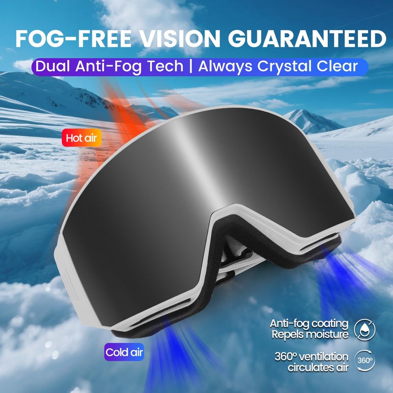 EXP VISION Ski Goggles Dual Lock Magnetic Snow Goggles Interchangeable Lens with Anti-Fog Panoramic Snowboard Goggles for Men & Women (White-Silver) - Image 4
