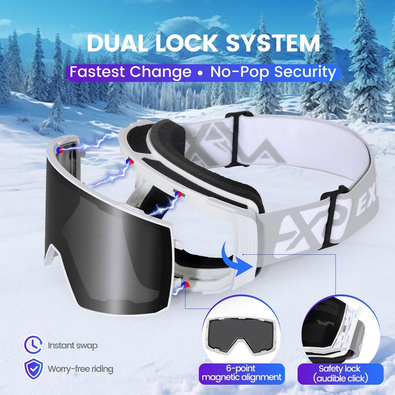 EXP VISION Ski Goggles Dual Lock Magnetic Snow Goggles Interchangeable Lens with Anti-Fog Panoramic Snowboard Goggles for Men & Women (White-Silver) - Image 3