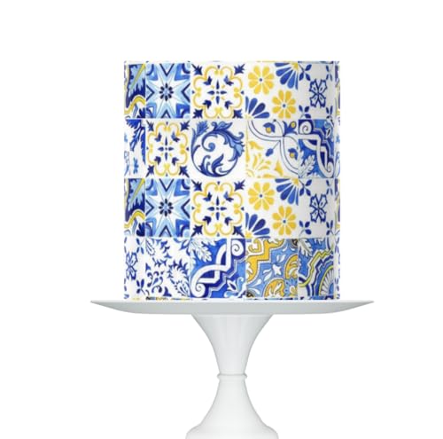 Topper Mediterranean Tile Pattern Edible Cake Decorating Icing Sheet Blue and Yellow lemon tiles bridal shower 8x10 Inch - Image 1