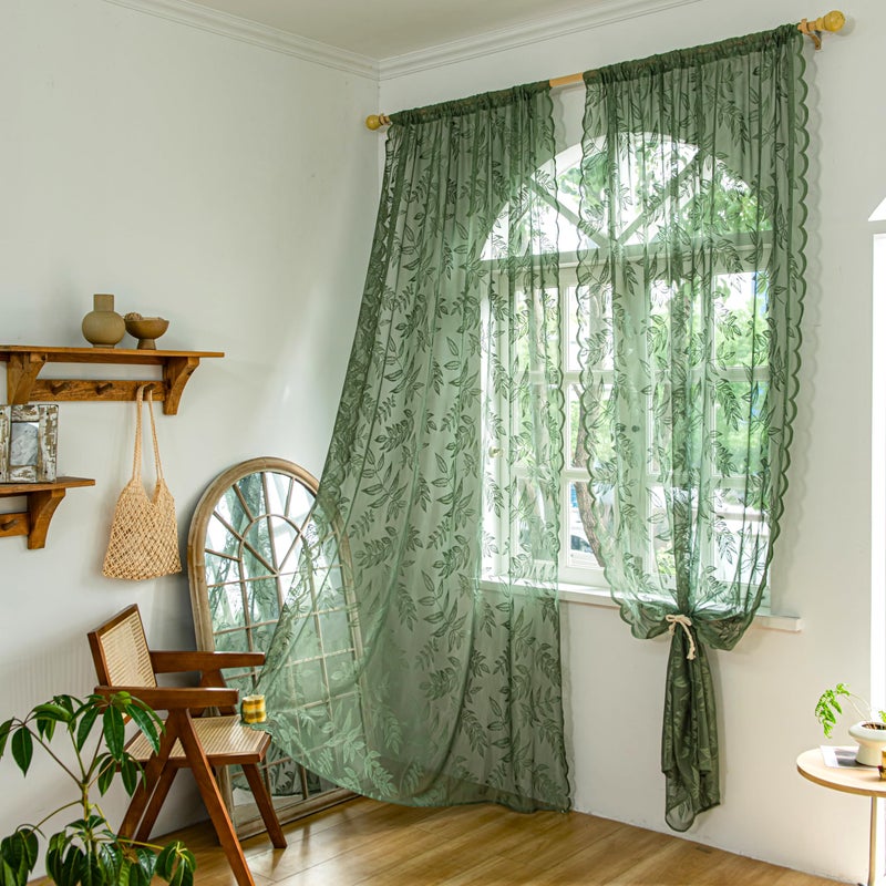 Sutuo Home Olive Green Lace Curtains 84 Inches Long for Bedroom Living Room, Leaf Embroidery Window Sheer Drapes Pair, Rod Pocket Vintage Country Window Treatments Set of 2 Panels, 57" W x 84" L - Image 1