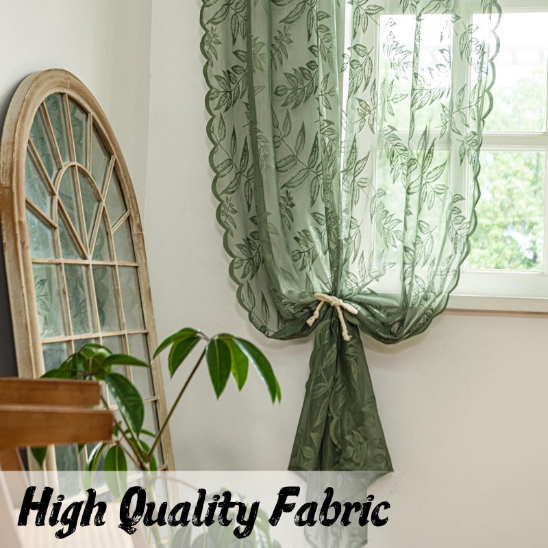 Sutuo Home Olive Green Lace Curtains 84 Inches Long for Bedroom Living Room, Leaf Embroidery Window Sheer Drapes Pair, Rod Pocket Vintage Country Window Treatments Set of 2 Panels, 57" W x 84" L - Image 5