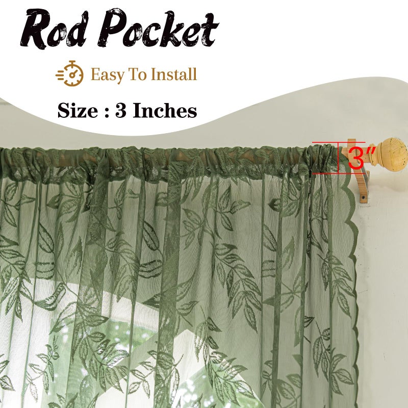 Sutuo Home Olive Green Lace Curtains 84 Inches Long for Bedroom Living Room, Leaf Embroidery Window Sheer Drapes Pair, Rod Pocket Vintage Country Window Treatments Set of 2 Panels, 57" W x 84" L - Image 3