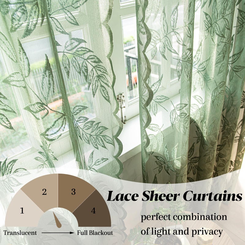 Sutuo Home Olive Green Lace Curtains 84 Inches Long for Bedroom Living Room, Leaf Embroidery Window Sheer Drapes Pair, Rod Pocket Vintage Country Window Treatments Set of 2 Panels, 57" W x 84" L - Image 2