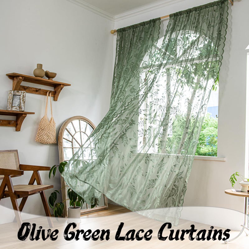 Sutuo Home Olive Green Lace Curtains 84 Inches Long for Bedroom Living Room, Leaf Embroidery Window Sheer Drapes Pair, Rod Pocket Vintage Country Window Treatments Set of 2 Panels, 57" W x 84" L - Image 4