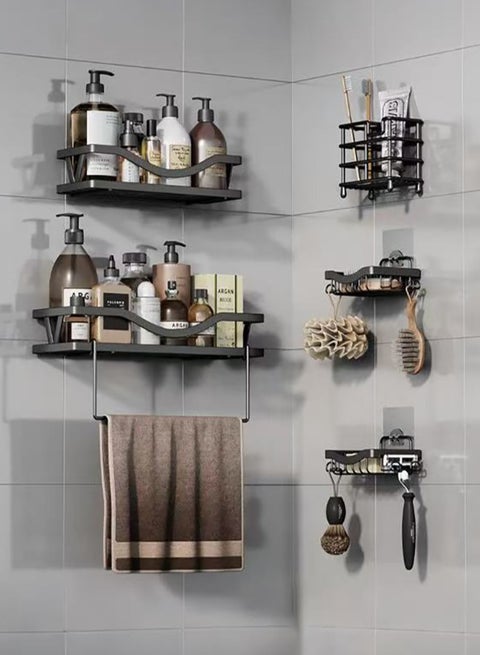 5-Piece Wall-Mounted Shower Organizer Strong Adhesive Shower Organizer Shelf with Hooks Rustproof Wall-Mounted Shower Shelves for Bathroom Kitchen