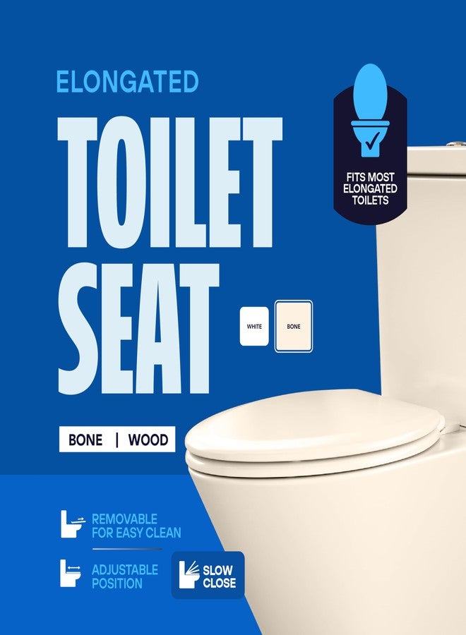 Highcraft B4TSWE Elongated Molded Wood Toilet Seat Slow Close ? Easy Remove ? Adjustable Hinge, Bone - Image 2