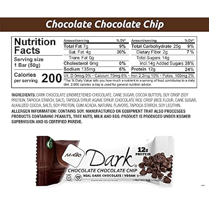 NuGo Dark Chocolate Chocolate Chip, 12g Protein Bar, Vegan, Gluten Free, Non-GMO, Kosher Pareve, 1.76oz Bar - Image 2