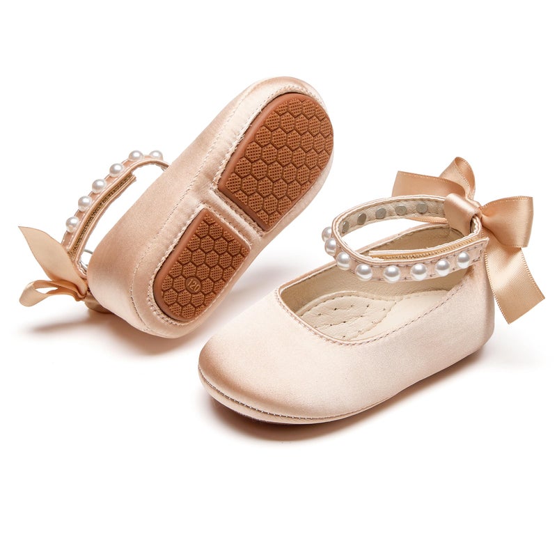 PHIRAMIN Baby Girls Satin Nude Mary Jane Flats - Infant 6-9 Months Walking Shoes Soft Rubber Sole Princess Wedding - Image 1