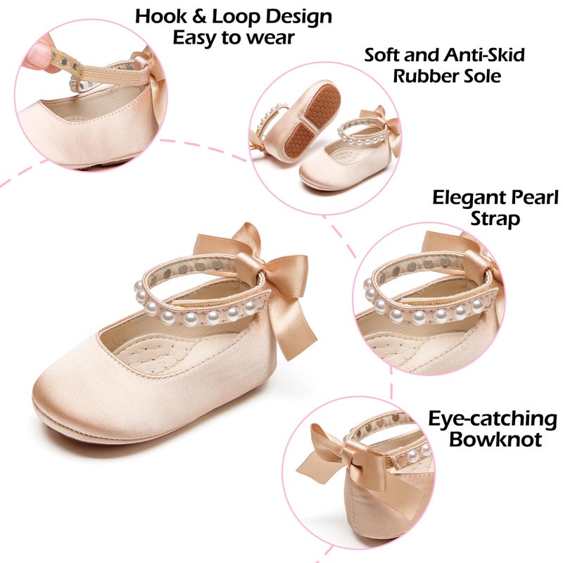 PHIRAMIN Baby Girls Satin Nude Mary Jane Flats - Infant 6-9 Months Walking Shoes Soft Rubber Sole Princess Wedding - Image 5