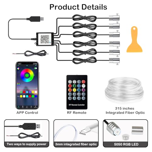 DEHERANE Interior Car LED Strip Lights, RGB 6 in 1 Ambient Lighting Kit with 315 inches Integrated Fiber Optic, 16 Million Colors Car Interior Lights with Wireless APP& Remote Control, Sync to Music - Image 5