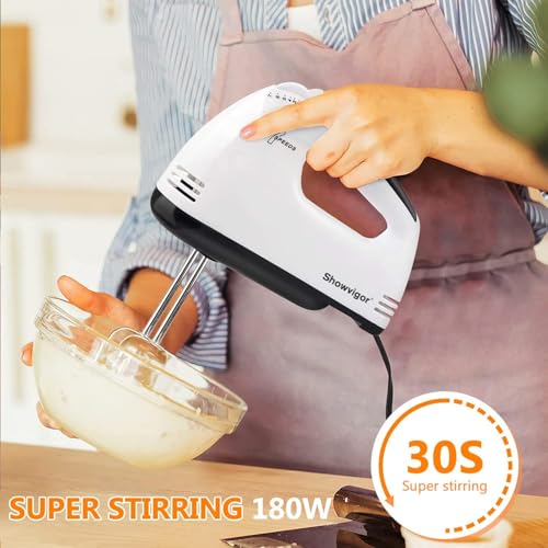 Showvigor Electric Hand mixer 7 Adjustable Speed 180W Handheld Mixer Electric Whisk with 5 Stainless Steel Accessories Turbo BoostSelfControl Speed Eject Button Food Beater for Cakes Eggs Offwhite - Image 3