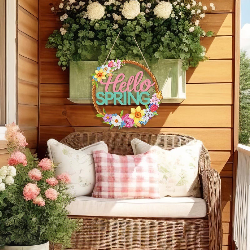 Sophena Wooden Spring Decoration Door Wreath for Front Door Sign Wall Signs, Hollow Flower Wreath Sign Hello Spring Welcome Hanging for Home Wall Decor Party Outdoor indoor Supply Easter Decoration - Image 3