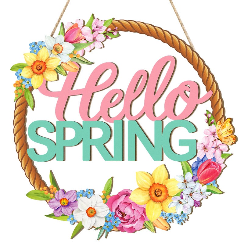 Sophena Wooden Spring Decoration Door Wreath for Front Door Sign Wall Signs, Hollow Flower Wreath Sign Hello Spring Welcome Hanging for Home Wall Decor Party Outdoor indoor Supply Easter Decoration - Image 1