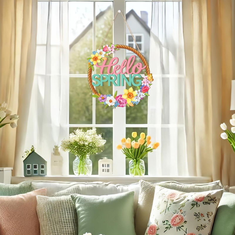 Sophena Wooden Spring Decoration Door Wreath for Front Door Sign Wall Signs, Hollow Flower Wreath Sign Hello Spring Welcome Hanging for Home Wall Decor Party Outdoor indoor Supply Easter Decoration - Image 5