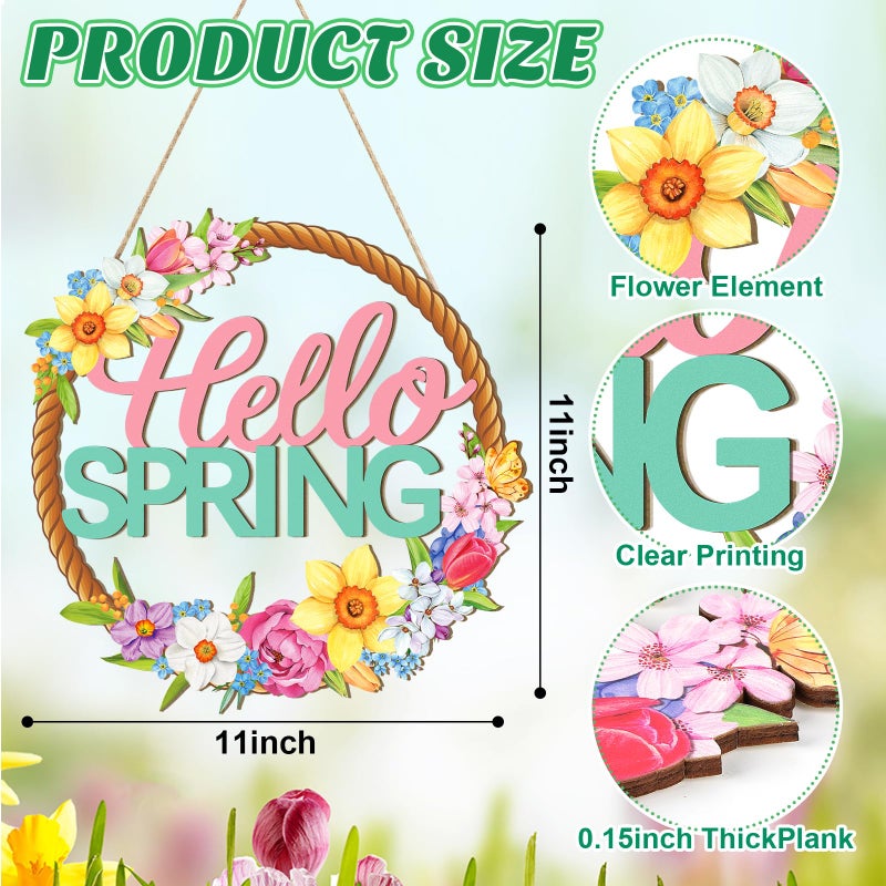 Sophena Wooden Spring Decoration Door Wreath for Front Door Sign Wall Signs, Hollow Flower Wreath Sign Hello Spring Welcome Hanging for Home Wall Decor Party Outdoor indoor Supply Easter Decoration - Image 2