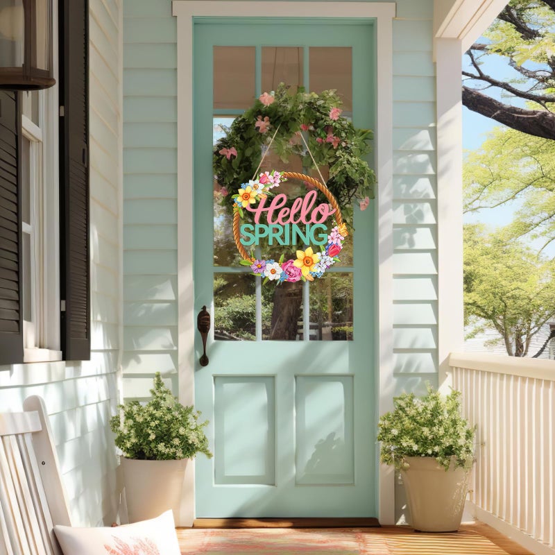 Sophena Wooden Spring Decoration Door Wreath for Front Door Sign Wall Signs, Hollow Flower Wreath Sign Hello Spring Welcome Hanging for Home Wall Decor Party Outdoor indoor Supply Easter Decoration - Image 4