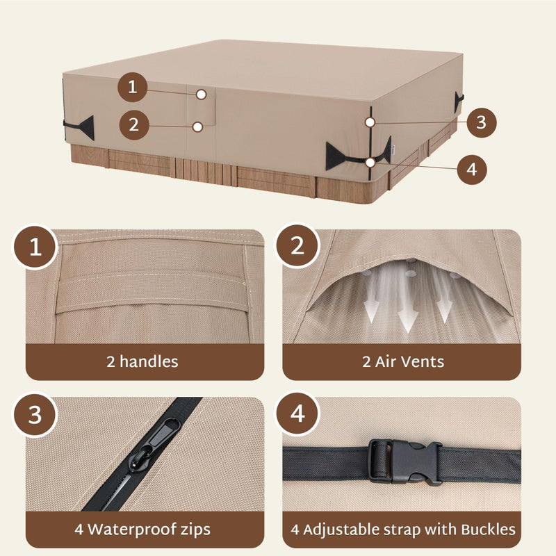 iBirdie غطاء حوض استحمام ساخن خارجي مقاوم للماء والطقس iBirdie 85 × 85 بوصة يناسب 84 × 84 أو 83 × 83 أو 82 × 82 أو 7 قدم × 7 قدم مربع SPA 600D غطاء ثقيل للحماية غطاء واقي، بني - Image 4