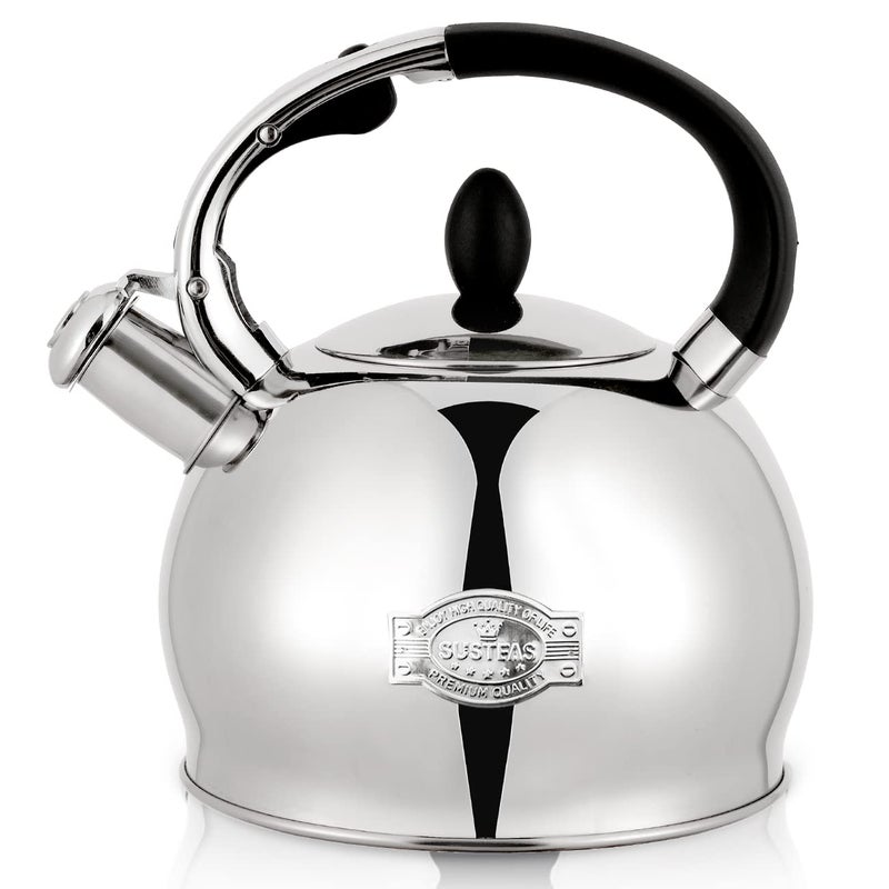 SUSTEAS Stove Top Whistling Tea Kettle  Food Grade Stainless Steel Teakettle Teapot with Cool Touch Ergonomic Handle With 1 Silicone Pinch Mitt Included264 QuartSILVER