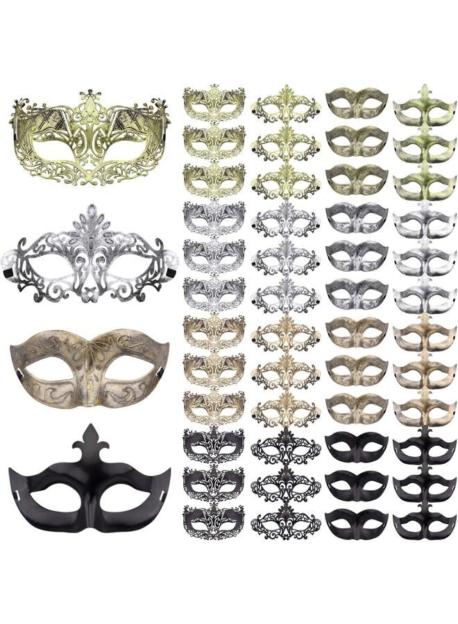 FEQO 48-Piece Vintage Antique Masquerade Masks - Fox, Arrows, Peacock & Little Miss Designs - Black, Gold, Silver & Copper - Adults & Couples - Unisex Adult & Women - Image 1