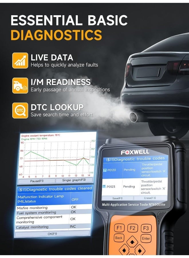 Foxwell NT650 Elite OBD2 Scanner with ABS and SRS Full Function, ABS Scan Tool for Bleeding Brakes, 25 Resets, Live Data Bidirectional Car Diagnostic Tool, NT630 Plus Upgrade - Image 5
