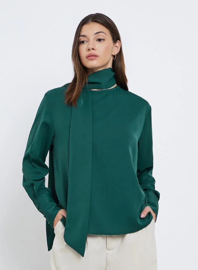 Styli Green Long Sleeve Blouse with Scarf Detail