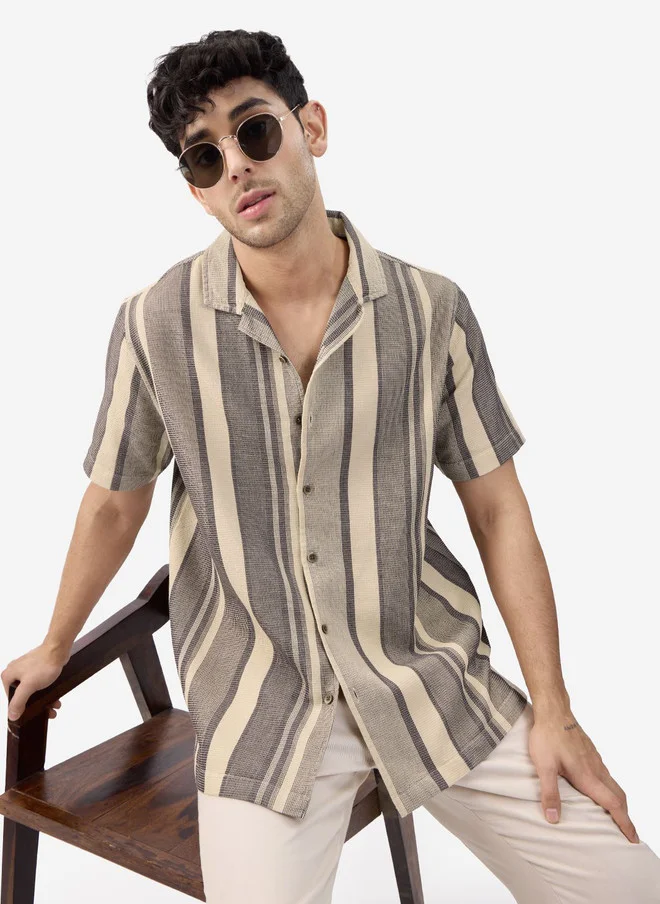 The Souled Store Men Macaroon Striped Multicolor Regular Fit Textured Shirt